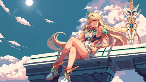 1girls bare_shoulders blonde_hair blue_sky breasts chest_jewel cleavage cleavage_cutout clothing_cutout cloud core_crystal crossed_legs dress earrings female floating_hair full_body high_res itzah jewelry long_hair looking_at_viewer medium_breasts microdress mythra pixel_art sitting sky smile sun swept_bangs sword tiara weapon white_dress white_footwear xenoblade_(series) xenoblade_chronicles_2 yellow_eyes