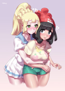 2girls beanie big_breasts black_eyes black_hair blonde_hair blush breasts female game_freak green_eyes lillie_(pokemon) mizuumi_(bb) nintendo open_mouth pokemon pokemon_sm ponytail red_beanie selene_(pokemon) shorts skirt white_skirt yuri