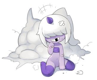 1girls bandages clenched_teeth cloud dazzi dazzi_(pal) featureless_crotch female female_only flat_chest hair_covering_eyes hair_over_eyes horn missing_tooth navel pal_(species) palworld purple_skin silver_hair simple_background solo tosx white_background white_hair