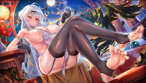 absurdres barefoot blush breasts crossed_legs feet female garter_straps gloves highres jagoo large_breasts long_hair looking_at_viewer parted_lips soles stirrup_legwear sweat thighhighs toeless_legwear toes white_hair yellow_eyes yixuan_(zenless_zone_zero) zenless_zone_zero