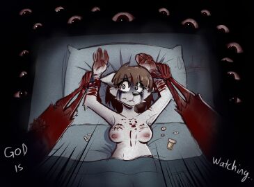 anthro bodily_fluids canid canine canis ccruelangel corpse drugs duo eyeball female female_focus gore hi_res horror_(theme) looking_at_viewer mammal monster pills rotting scary self-harm solo_focus wolf