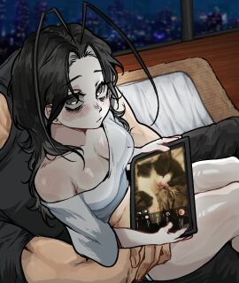 1girls black_hair blush feline female female_focus female_only grey_eyes ipad light_skin looking_at_viewer marblechii original original_character pov roach_(marblechii) roach_girl tablet