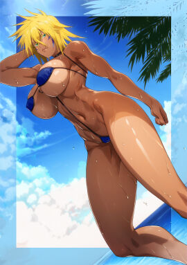 1girls 2024 absurd_res arm_up arrancar beach big_breasts bikini bleach blonde_hair blue_bikini blue_micro_bikini breast_tattoo breasts cameltoe cloud dark-skinned_female dark_skin day demos facial_markings female female_focus female_only fit fit_female green_eyes hand_behind_head hi_res hips large_breasts looking_at_viewer mature mature_female micro_bikini nipple_bulge ocean outdoors outside palm_tree pussy short_hair sky solo solo_female solo_focus standing thick_thighs thigh_gap thighs tia_harribel toned toned_female underboob wet wet_body yellow_hair