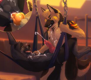 anal anal_sex animal_genitalia animal_penis anthro anus ass balls black_balls black_body black_fur black_nose black_tail bodily_fluids brown_body brown_fur brown_tail canid canine canine_genitalia canine_penis canis cum cum_drip cum_in_ass cum_inside cum_on_face domestic_dog dripping duo fur genital_fluids genitals green_eyes hi_res kinsheph knot male male/male mammal orange_eyes pastoral_dog penetration penis red_penis sex tail teeth tongue tongue_out yellow_penis