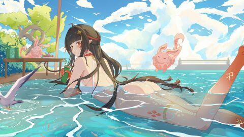 1girls ass ass_focus black_hair brown_eyes honkai:_star_rail hoyoverse lingsha_(honkai:_star_rail) long_hair lying mihoyo swimsuit water white_swimsuit