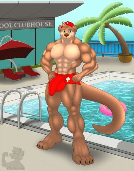 4_toes 5_fingers abs anthro balls balls_bulge bara big_arms big_chest big_feet big_muscles big_pecs big_penis blue_eyes broad_shoulders brown_body brown_fur brown_nose building bulge chair claws clothing detailed_background detailed_bulge erection_in_swimming_trunks feet fence fingers fur furniture genital_outline genitals glans_outline hands_on_hips hat headgear headwear hi_res humanoid_genitalia humanoid_penis lifeguard lifeguard_swimsuit looking_at_viewer lounge_chair male male_only mammal muscles muscular muscular_anthro muscular_male mustelid otter outside palm_tree pecs penis penis_outline plant plantigrade pool_ladder pool_toy rebel_nightwolfe red_clothing red_hat red_headwear red_swimwear serratus sky smile solo solo_male standing swimming_pool swimwear table tail thick_neck thick_thighs tight_swimsuit toe_claws toes tree umbrella water yaoi