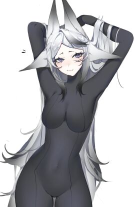 1girls animal_ears arms_behind_head arms_up ass_visible_through_thighs black_bodysuit blush bodysuit breasts bunny_ears closed_mouth covered_navel cowboy_shot dya_rikku_(vtuber) face_markings female fox_ears hands_in_hair heart large_breasts long_hair looking_at_viewer parted_bangs purple_eyes silver_hair simple_background skin_tight solo standing thigh_gap turtleneck very_long_hair virtual_youtuber vyugen white_background white_hair