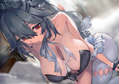 alexandrina_sebastiane areola_slip breasts collar expressionless female huge_breasts leotard on_bed ribbon sagging_breasts towatowa114 undressing watermark zenless_zone_zero