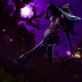 3d big_breasts black_hair breasts female female_focus female_only full_body glowing_eyes halloween halloween_decoration halloween_theme huge_breasts perspective solo solo_female solo_focus webzzter witch witch_hat