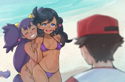 1boy 2girls absurdres artsheops bikini curvy dark-skinned_female dark_skin emma_(pokemon) gold_bikini highres iris_(pokemon) looking_at_another multiple_girls nintendo non-web_source pokemon pokemon_bw pokemon_xy purple_bikini red_(pokemon) shiny_skin straight sweat swimsuit thong thong_bikini wide_hips