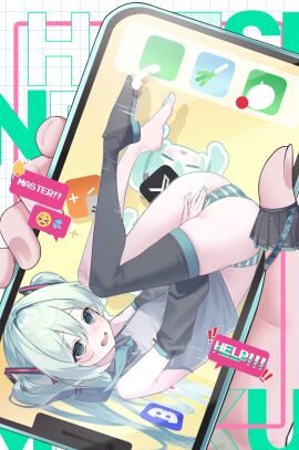 blue_eyes blue_hair embarrassed female female_only fingering hatsune_miku masturbation masturbation_through_clothing panties phone trapped twintails upside-down vocaloid