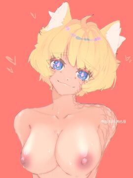 apex_legends big_breasts blonde_hair blue_eyes breasts cat_ears female miragemybae naked smile wattson_(apex_legends)