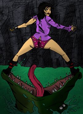 black_hair blue_eyes boots captain_hook captain_hook_(cosplay) comeuppance crocodile damsel_in_distress disney_villains fair_skin female female_prey genderswap_(mtf) hook hook_hand long_hair open_mouth panties pantsless peril peter_pan_(disney) pirate pirate_girl rear_view reptile rule_63 theshockermaniac tick-tock torn_clothes torn_shirt torn_sleeve villainess vore water