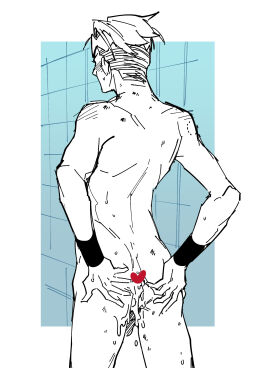 1boy after_anal after_sex ass cum cum_in_ass diamond_is_unbreakable heart_censor jojo's_bizarre_adventure male male_only muscular nude nude_male rohan_kishibe solo