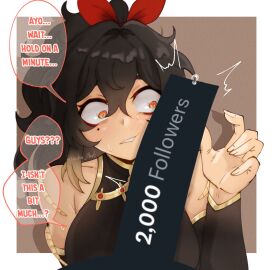 1boy akashicelegy black_hair censored chinese_clothes commentary english_commentary english_text erection female high_ponytail highres large_penis looking_at_penis male milestone_celebration mole mole_under_eye novelty_censor open_mouth orange_eyes original penis penis_awe penis_on_face precum solo_focus song_huoyan_(akashicelegy) speech_bubble wide-eyed