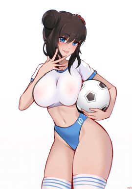 1girls :p wepilly black_hair bloomers blue_eyes breasts buruma female hi_res highres intimate_rain large_breasts looking_at_viewer oc original original_character pinup red_hair_ornament see-through see-through_clothing soccer soccer_ball soccer_uniform solo sports_bra standing the_city_of_reygarth translucent translucent_clothing
