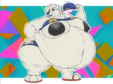 2024 anthro bear bearimore belly big_belly big_breasts bikini bikini_bottom bikini_top bodily_fluids brasslion breasts claws clenched_teeth clothing exposed_breasts fangs female footwear fur hair half-closed_eyes hand_on_hip hat headgear headwear hi_res holding_clothing holding_hat holding_headgear holding_headwear holding_object looking_at_viewer mammal morbidly_obese morbidly_obese_anthro narrowed_eyes navel nipples obese obese_anthro obese_female overweight overweight_anthro overweight_female polar_bear sandals shoes signature smile smiling_at_viewer solo standing sweat swimwear teeth the_adventures_of_corduroy two-piece_swimsuit ursine white_body white_fur