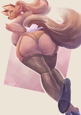 absurd_res ass ass_focus breasts brown_fur butt_focus fanart fat_ass female furry garter_straps gloves green_eyes heels hi_res keisatsu_dog_(sususuigi) low-angle_view original original_character ponytail raised_tail rdusk sideboob simple_background tail wide_hips