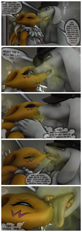3d_(artwork) absurd_res anthro bad_breath bandai_namco bovid bullying canid canine caprine comic digimon digimon_(species) digital_media_(artwork) dirty_teeth dirty_tongue duo english_text female female/female fox goat haaarlaine hi_res humiliation mammal night_guard profanity renamon smelly sniffing source_filmmaker_(artwork) text tongue tongue_out toriel undertale_(series)