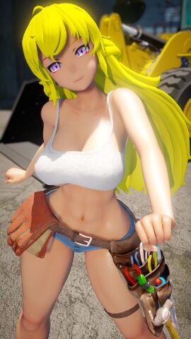 1girls animated ass ass_focus blonde_female blonde_hair breasts construction_site construction_worker female jic_jic long-haired_female long_hair looking_back purple_eyes rwby short_shorts solo_female tank_top tool_belt underboob yang_xiao_long