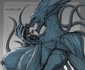 1boy 1girls 2024 alien alien/human alien_girl anthro artist_name big_breasts breasts cum cum_in_mouth female harvester_queen independence_day_(film) larger_female male male/female monster_girl runawaystride sharp_teeth smaller_male