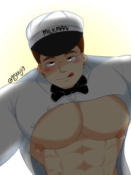 1boy 9ryuuji9 bara blush clothing francis_mosses looking_at_viewer male male_nipples male_only milkman muscular muscular_male nipples pecs that's_not_my_neighbor yaoi