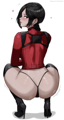 1girls ada_wong aelion_draws anus ass black_boots black_gloves black_hair boots choker closed_mouth color eyelashes female from_behind full_body gloves harness hi_res high_heel_boots high_heels lips looking_at_viewer looking_back nude panties pussy resident_evil simple_background solo squatting thigh_boots thong white_background