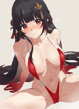 absurdres ahoge areola_slip bare_shoulders bikini blunt_bangs breasts brown_hair cameltoe closed_mouth colored_extremities female hair_ornament highres honkai:_star_rail honkai_(series) large_breasts lingsha_(honkai:_star_rail) long_hair looking_at_viewer navel neinlol pointy_chin pointy_ears pussy red_eyes solo spread_legs sweat swimsuit very_long_hair white_background