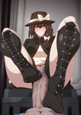 1boy 1girls 30_seconds animated bootjob boots breasts brown_hair buckethead_ero censored clothed_female_nude_male cum cum_in_boots female footjob footjob_with_shoes hat huge_cock large_ass male mosaic_censoring penis pov renko_usami shoejob sound tagme touhou vertical_video video