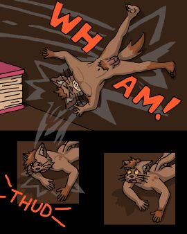 absurd_res anthro balls book clenched_teeth comic domestic_cat falling fangs feet felid feline felis genitals hi_res impact male mammal micro muscular myaxy nude pain pecs penis scared solo tail teeth text torn_ear whiskers