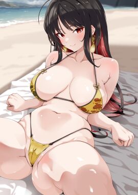 bare_shoulders beach big_breasts bikini blanket breasts cameltoe collarbone colored_inner_hair earrings female floral_print goddess_of_victory:_nikke gold_bra gold_earrings gold_thong hanchou_(shirokun555) highres jewelry large_breasts light_blush long_hair looking_at_viewer moran_(nikke) multicolored_hair navel pussy red_eyes sand sitting spread_legs stomach swimsuit thighs thong_bikini watermark