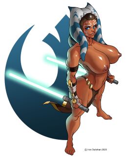 ahsoka_tano alien alien_girl big_breasts blue_eyes breasts casual clothing dark_skin exposed_breasts female half_naked huge_breasts iron-dullahan lightsaber lucasfilm nipples solo solo_female solo_focus star_wars tentacle_hair thick_thighs togruta weapon