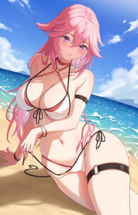 1girls 2d 2d_(artwork) alternate_costume artist_request beach belly_button big_breasts bikini bikini_bottom bikini_top blush bra breasts cleavage clouds day female female_focus female_only front_view genshin_impact high_resolution highres hourglass_figure light-skinned_female light_skin long_hair looking_at_viewer mature mature_female multi-strapped_bikini navel ocean outdoors pink_hair purple_eyes revealing_swimsuit sand sitting sitting_on_sand sky slim_female smiling smiling_at_viewer solo solo_female solo_focus summer swimsuit thong thong_bikini two_piece_swimsuit water yae_miko