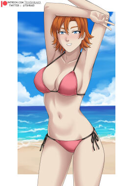 1girls aqua_eyes arms_over_head artist_name beach belly_button big_breasts bikini bikini_bottom bikini_top blush breasts female female_only grinning light-skinned_female light_skin nora_valkyrie orange_hair patreon patreon_logo patreon_username peace_sign pinup pinup_pose red_hair revealing_clothes rooster_teeth rwby shore shoreline short_hair smile smiling smiling_at_viewer solo solo_female teeth teeth_showing tehshraid tshraid viz_media water