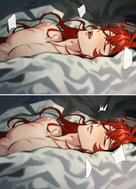 1boy bed_sheet blush closed_eyes diluc_(genshin_impact) eriimyon from_side genshin_impact hair_between_eyes highres long_hair lying male male_focus nipples nude on_back parted_lips pectorals red_hair scar scar_on_chest scar_on_face solo solo_male sweatdrop teeth upper_teeth