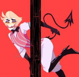 1boy artist_request blonde_hair boots clothed_male demon demon_boy dilf fully_clothed hazbin_hotel humanoid lucifer_morningstar_(hazbin_hotel) male male_only purple_eyelids purple_eyeshadow red_eyes rosy_cheeks short_hair solo_male source_request stuck stuck_in_wall suggestive tail wedding_ring white_body white_pants white_skin yellow_sclera