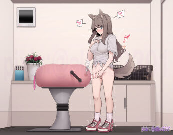 1futa altica2301 animal_ears artificial_vagina balls bangs bar_censor blue_eyes blush bottomless breasts breeding_mount breeding_mount_use brown_hair censored clothed clothing condom erection female full_body futa_masturbation futa_milking futa_only futanari grey_shirt hand_on_own_chest heart highres humanoid humanoid_penis indoors intersex kemonomimi large_penis laundry_basket light_skin long_hair masturbation medium_breasts original partially_clothed penis penis_milking penis_milking_machine pixiv_username plant potted_plant shirt shoes side_view sneakers socks solo spoken_heart standing tail testicles tied_shirt white_socks
