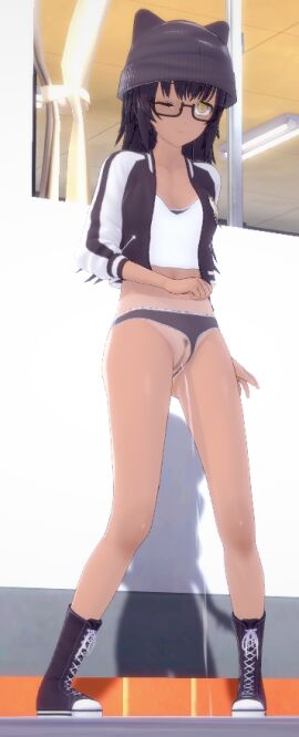 crookedbrook dark_skin female female_only koikatsu mabuki_(crookedbrook) panties_aside peeing pleasure_face tan_lines