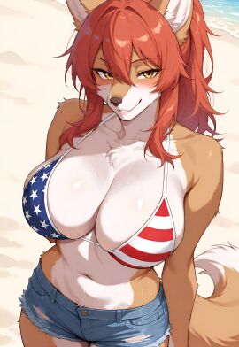 4th_of_july ai_generated american_flag_bikini animal_ears animal_humanoid animal_nose animal_tail anthro anthro_female anthro_fur anthro_only beach beachside bikini bikini_top blush blushing_at_viewer breasts brown_ears brown_eyes brown_fur brown_tail canine canine_girl canine_humanoid damaged_clothes damaged_clothing day daytime denim_shorts female fourth_of_july fur furry furry_ears furry_female furry_only furry_tail hi_res high_res high_resolution hires hourglass_figure large_breasts long_hair looking_at_viewer narrow_waist oc ocean original original_character outdoors outside red_hair ripped_clothing sand shore shoreline shorts smile smiling smiling_at_viewer solo solo_female standing summer tail two-tone_ears two-tone_tail two_tone_fur upscaled water wet wet_body white_ears white_fur white_tail wide_hips