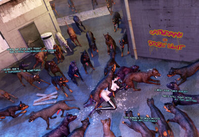 3d anal batman_(series) canine canine_penis catwoman dc dc_comics doggy_style domestic_dog english_text female female_on_feral female_on_top feral feral_on_female gangbang gerasya graffiti high_heel_boots holding_another's_penis male on_ground outdoors penis pussy sandwiched selina_kyle vaginal_penetration waiting_for_turn zoophilia