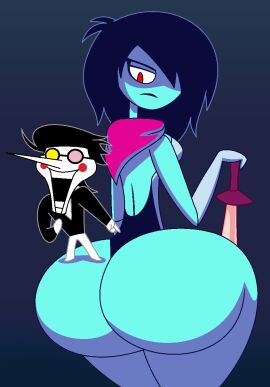 1boy 1girls 2d annoyed armor armored_gloves ass ass_focus background big_ass black_lips business_man business_suit covered_eye dark_blue_hair deltarune deltarune_chapter_2 female humanoid kris_(dark_world_form) kris_(deltarune) kris_female_(deltarune) la-artist322_(artist) long_nose looking_down male pink_bandanna pointing_at_ass punk_hair red_eyes rule_63 shaded short_hair shorter_male spamton_g_spamton standing_on_ass sword taller_female undertale undertale_(series)