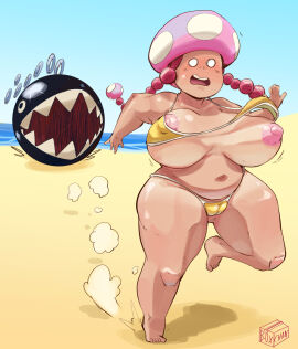 1girls 1other ambiguous_gender barefoot beach being_chased big_breasts big_thighs bikini box_chan breasts chain_chomp chubby embarrassed embarrassed_nude_female enf fear female female_focus huge_breasts huge_thighs humanoid large_breasts large_thighs light-skinned_female light_skin mario_(series) mushroom_humanoid naked nintendo nipple_slip nipples no_nose nude open_mouth pink_hair pink_nipples running_away slightly_chubby swimsuit thick thick_hips thick_thighs thighs toadette twintails wardrobe_malfunction wide_hips yellow_bikini