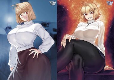 arcueid_brunestud big_ass big_breasts black_stockings blonde_hair closed_mouth clothing covered_breasts female female_focus female_only hand_on_leg hands hi_res leg_on_thigh looking_at_viewer oerba_yun_fang open_mouth red_eyes short_hair sitting smiling stockings tagme thegoldensmurf thick_thighs tsukihime tsukihime_(remake) type-moon