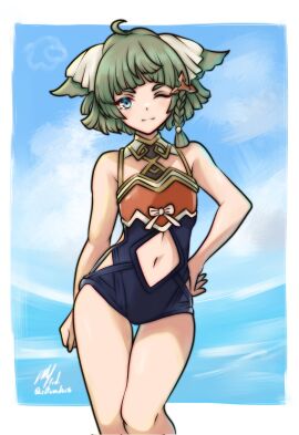 1other ;3 adapted_costume ambiguous_gender animal_ears bare_arms bare_shoulders braid cat_ears clothing_cutout flat_chest green_hair grey_eyes hand_on_own_hip highres juniper_(xenoblade) navel_cutout one-piece_swimsuit one_eye_closed other_focus rotomdocs smile solo swimsuit xenoblade_(series) xenoblade_chronicles_3