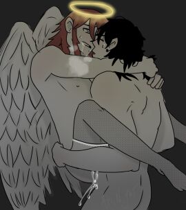 akinight anal anal_sex angel_devil_(chainsaw_man) ass black_hair breath_cloud carrying carrying_partner carrying_position chainsaw_man cum cum_in_ass cum_inside cumming drool drooling ear_piercing gay gay_sex halo hayakawa_aki holding intimacy intimate male male/male male_only male_penetrating male_penetrating_male nipples penetration piercing red_hair self_upload sex stockings wings