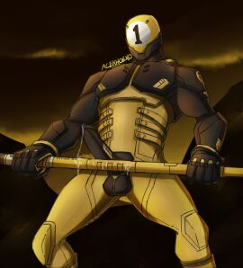 1-ball_(fortnite) 1boy 5_fingers acekhoexo arm_down armor balls big_penis billiard_cue black_balls black_body black_glans black_penis bodily_fluids cum cyborg digital_media_(artwork) erection faceless_male fortnite fortnite:_battle_royale fortnite:_chapter_2_remix genital_fluids glans helmet highres holding_object holding_weapon humanoid jumpsuit looking_at_viewer male male_only mask masked masked_male masked_men muscular muscular_male nude nude_male penis precum precum_drip ribbed_penis robot signature solo_male tattoo tattoo_on_penis warrior yellow_body yellow_markings