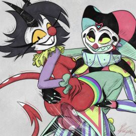 1:1 2demons anal anal_fingering anthro ass balls big_ass big_breasts big_butt black_hair blush bodily_fluids breasts claws clothed clothing clown clown_costume clown_makeup clown_nose cum demon demon_humanoid duo english_text erection fangs fellatio female female_penetrated fingering fizzarolli_(helluva_boss) genital_fluids genitals hair helluva_boss hi_res horn humanoid humanoid_on_humanoid humanoid_penetrated humanoid_penetrating humanoid_penetrating_humanoid imp jester kojot machine makeup male male/female male_penetrating male_penetrating_female millie_(helluva_boss) open_mouth open_smile oral orientation_play partially_clothed pattern_clothing penetration penile penile_penetration penis penis_in_pussy pussy robot sex simple_background smile standing standing_sex striped_clothing stripes teeth text vaginal_fluids vaginal_penetration vein veiny_penis