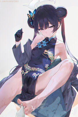 bare_shoulders barefoot black_dress black_gloves black_hair black_jacket blue_archive bottle butterfly_hair_ornament closed_mouth covered_navel cum cum_on_body cum_on_feet double_bun dragon_print dress female foot_focus gloves grey_eyes hair_bun hair_ornament halo hand_up highres jacket kisaki_(blue_archive) long_hair long_sleeves looking_at_viewer misaka_12003-gou off_shoulder simple_background sleeveless sleeveless_dress solo thighs toes twitter_username