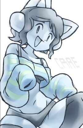 1girls 2d adorable anthro barely_clothed belly crae crop_top cute female female_only furry furry_only humanoid solo striped_clothing tagme temmie_(undertale) thigh_highs thighs undertale undertale_(series) underwear