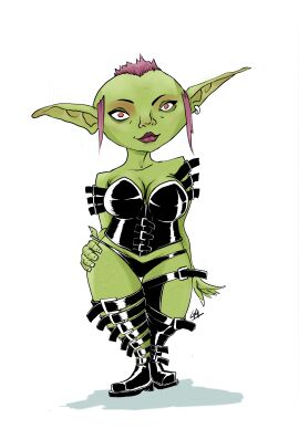 belt corset curvy female goblin goblin_female gregoryguyy leather pink_hair shortstack